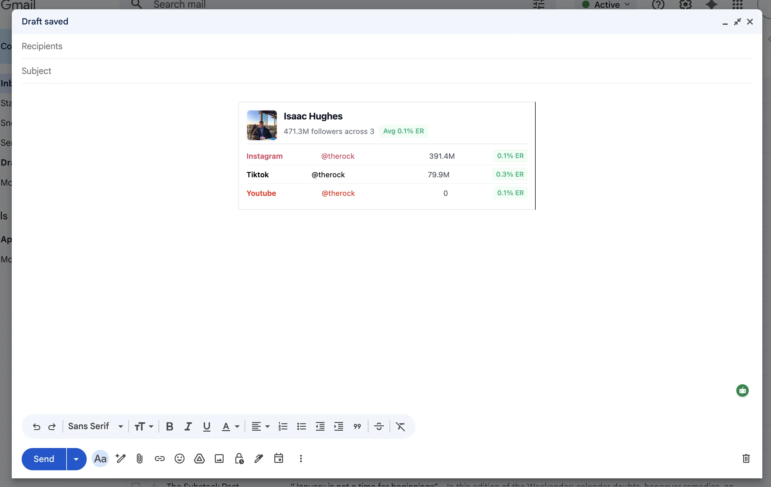 Screenshot of the Data being pasted into an email