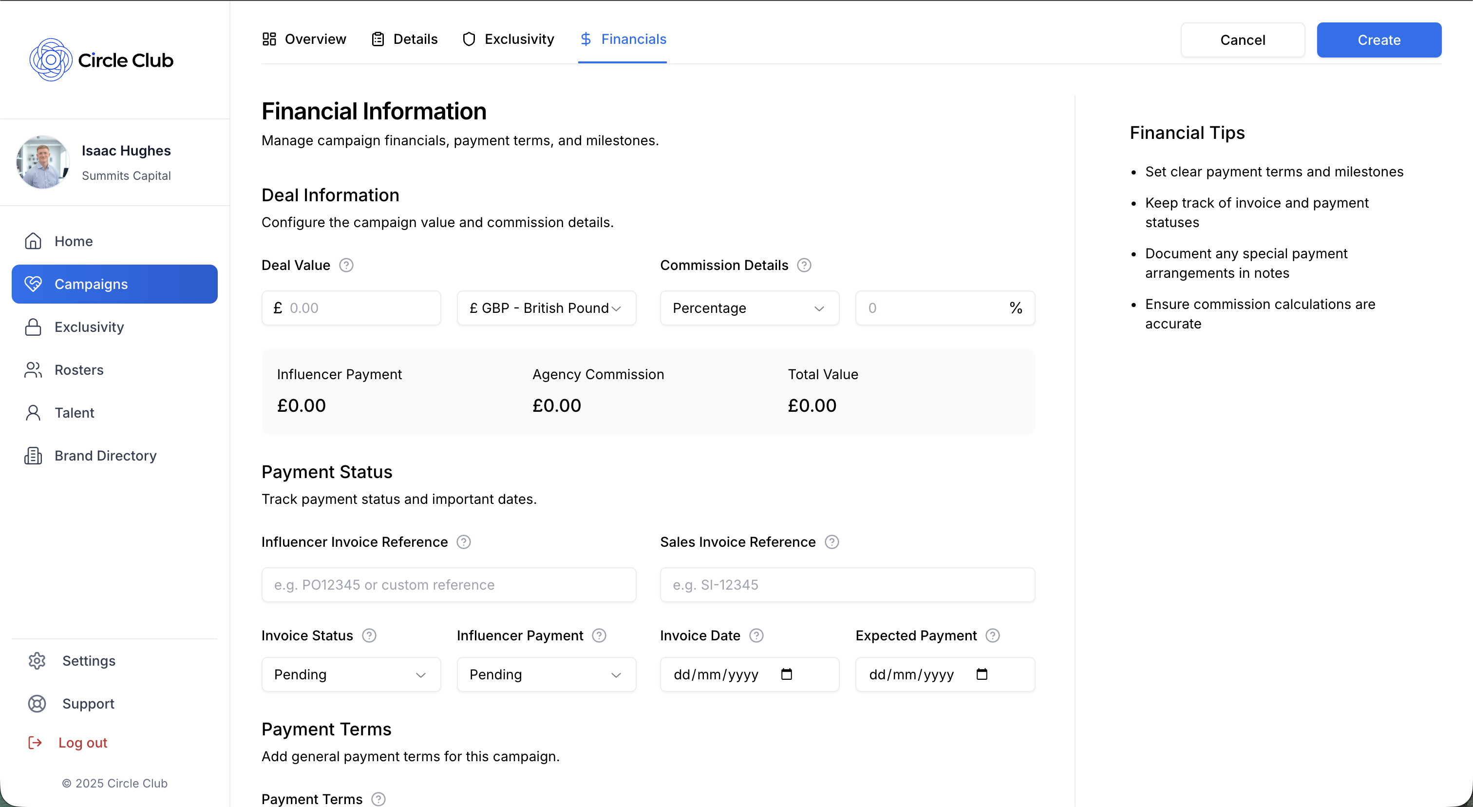 Campaign Creation - Financials Tab