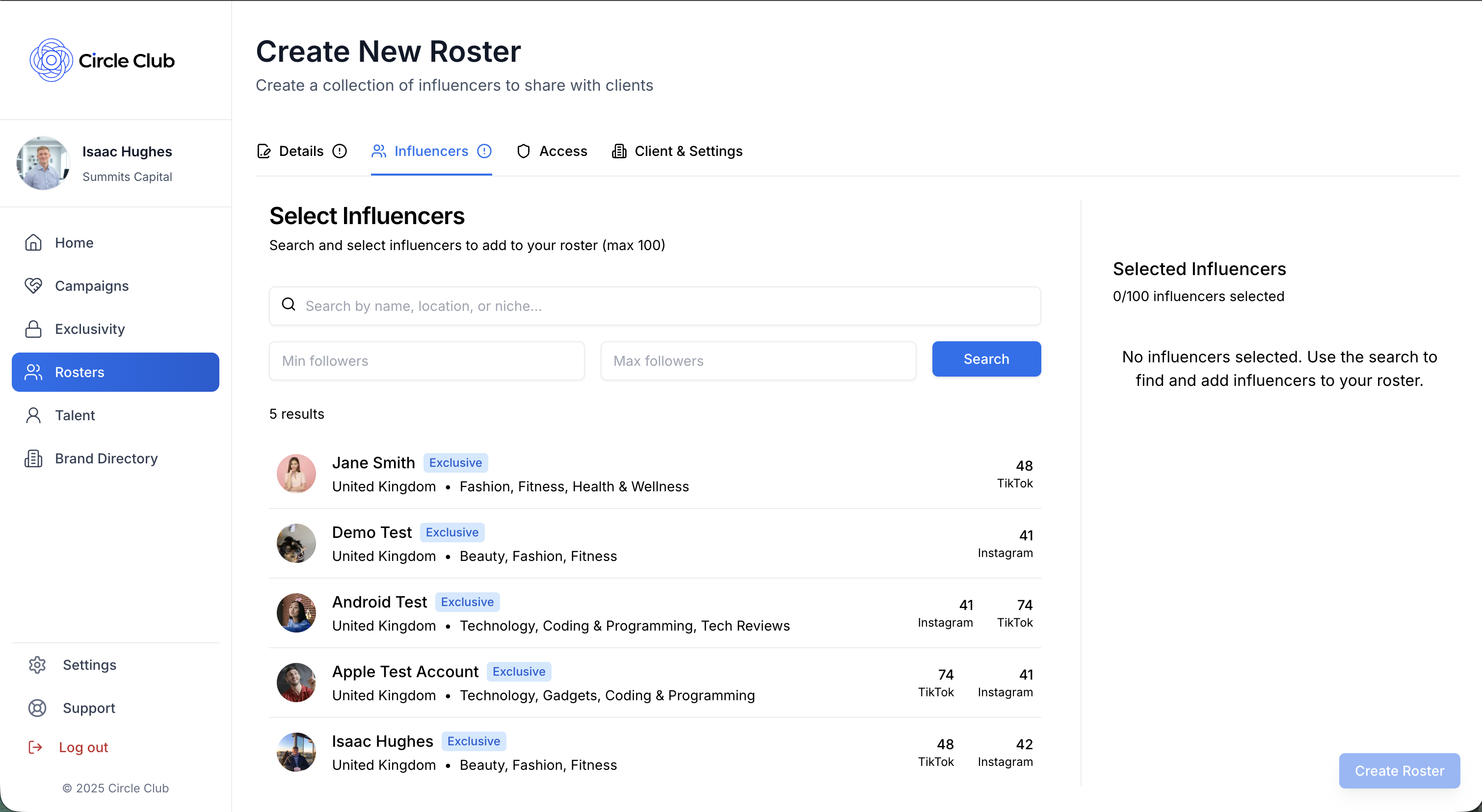 Add Influencers to Roster