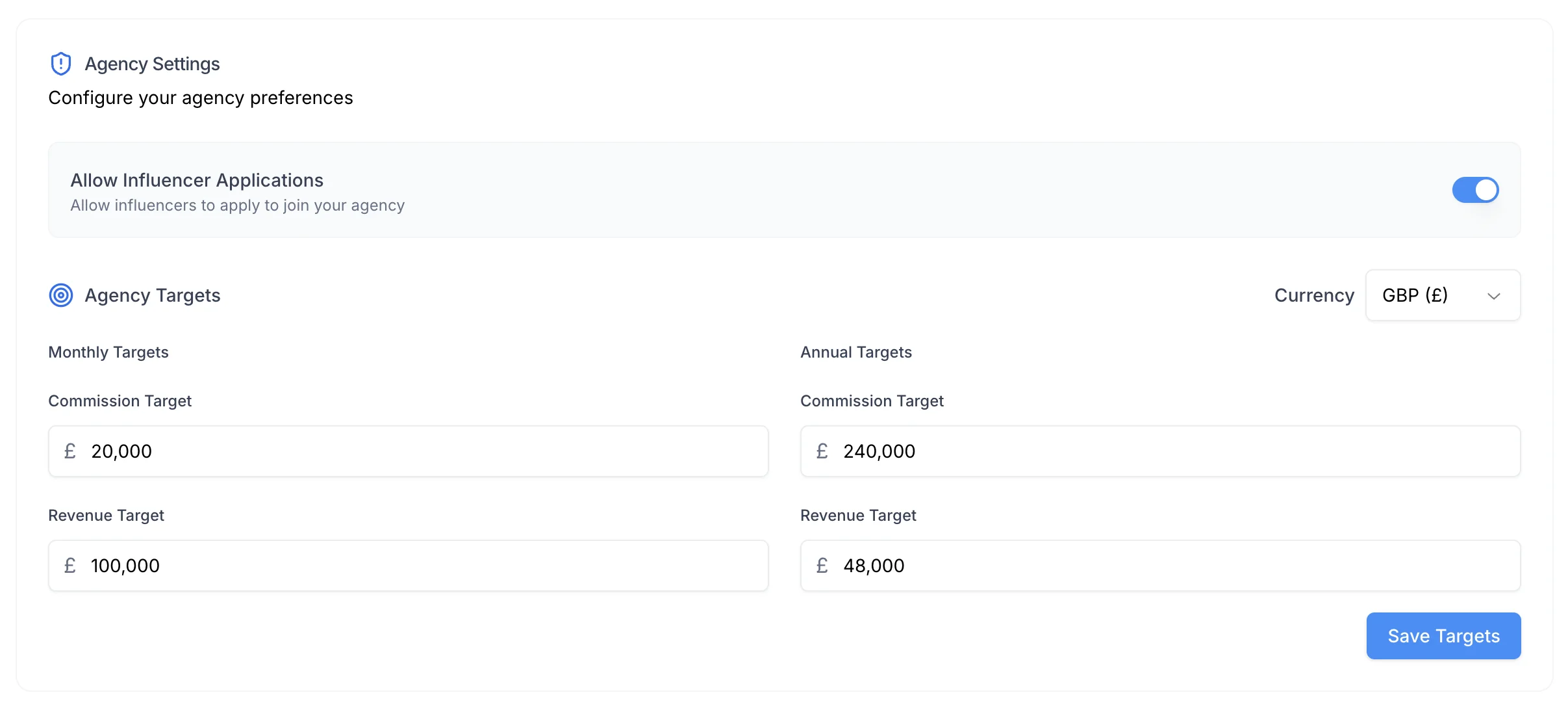 Screenshot of the agency-settings section
