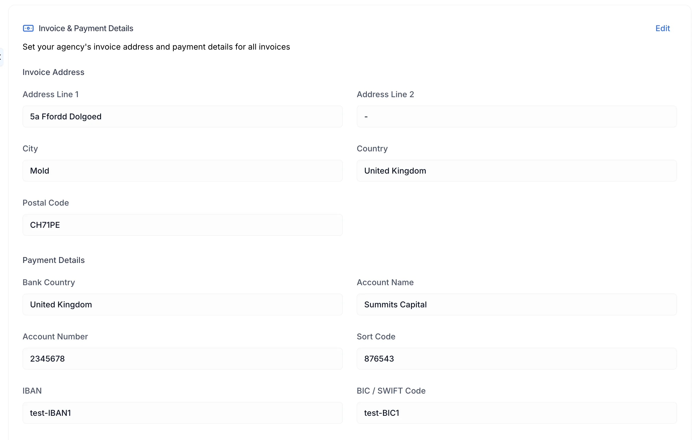 Screenshot of the invioce details section