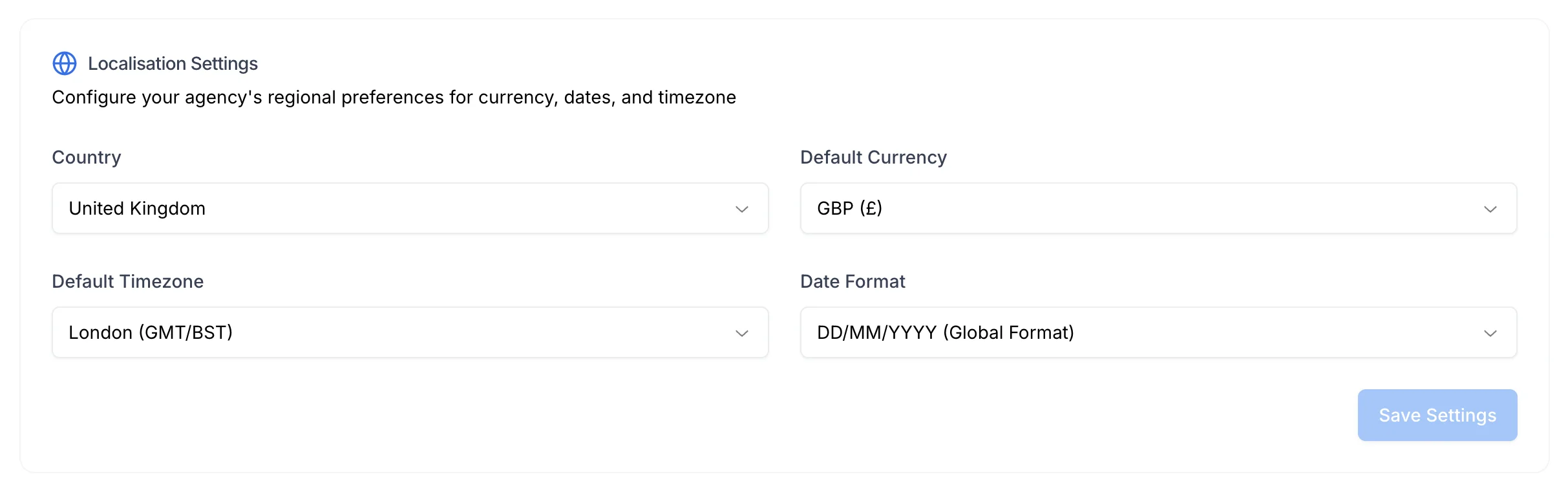 Screenshot of the localisation section