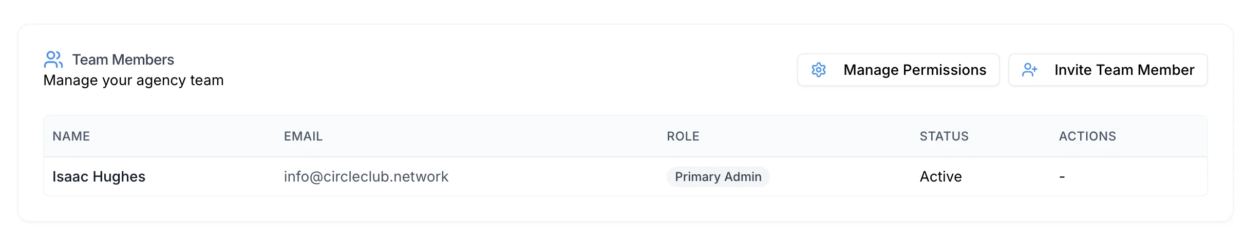Screenshot of the manage team section